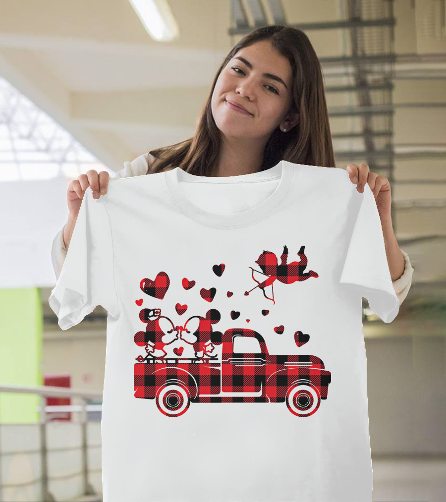 Buffalo Plaid Mickey Minnie Kissing In Truck With Hearts And Cupid Valentine T-Shirt