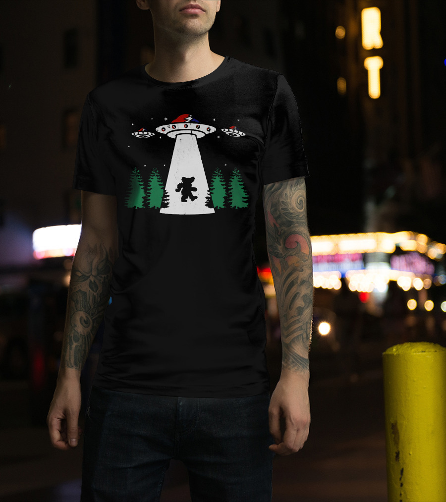 Grateful Dead Bear Abducted By UFO With Lightning Bolt And Red Hat T-Shirt
