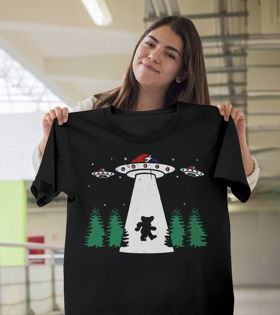 Grateful Dead Bear Abducted By UFO With Lightning Bolt And Red Hat T-Shirt