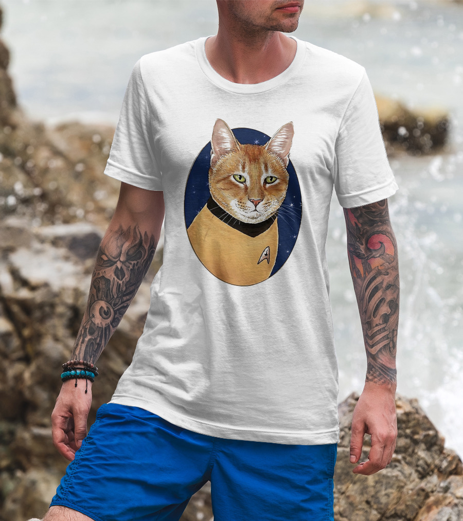 Star Trek Cat In Captain Uniform With Emblem On Starry Background T-Shirt