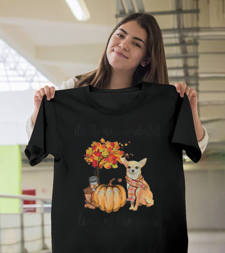 It's the Most Wonderful Time of the Year Chihuahua Autumn Leaves Pumpkin Scarf Coffee T-Shirt