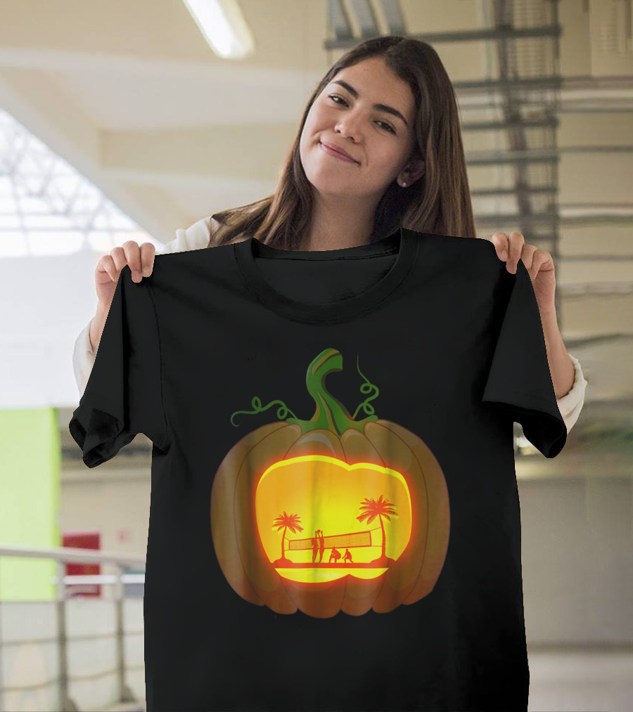 Pumpkin Carving Beach Volleyball Scene with Palm Trees T-Shirt
