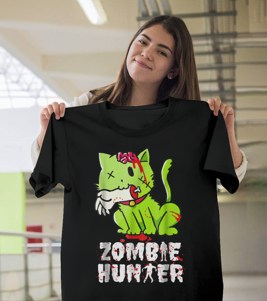 Funny Cat Zombie Hunter Halloween with Zombie Cat T-Shirt