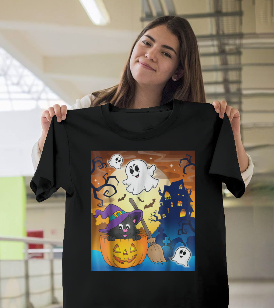 Cute Halloween Cat in Pumpkin with Ghosts and Haunted House T-Shirt