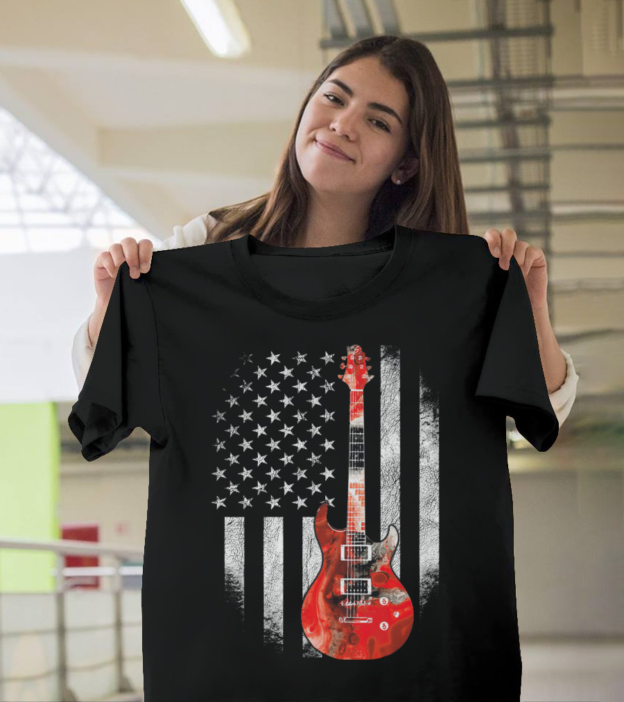 Guitar US Flag Rock Playable Patriotic Stars Stripes T-Shirt