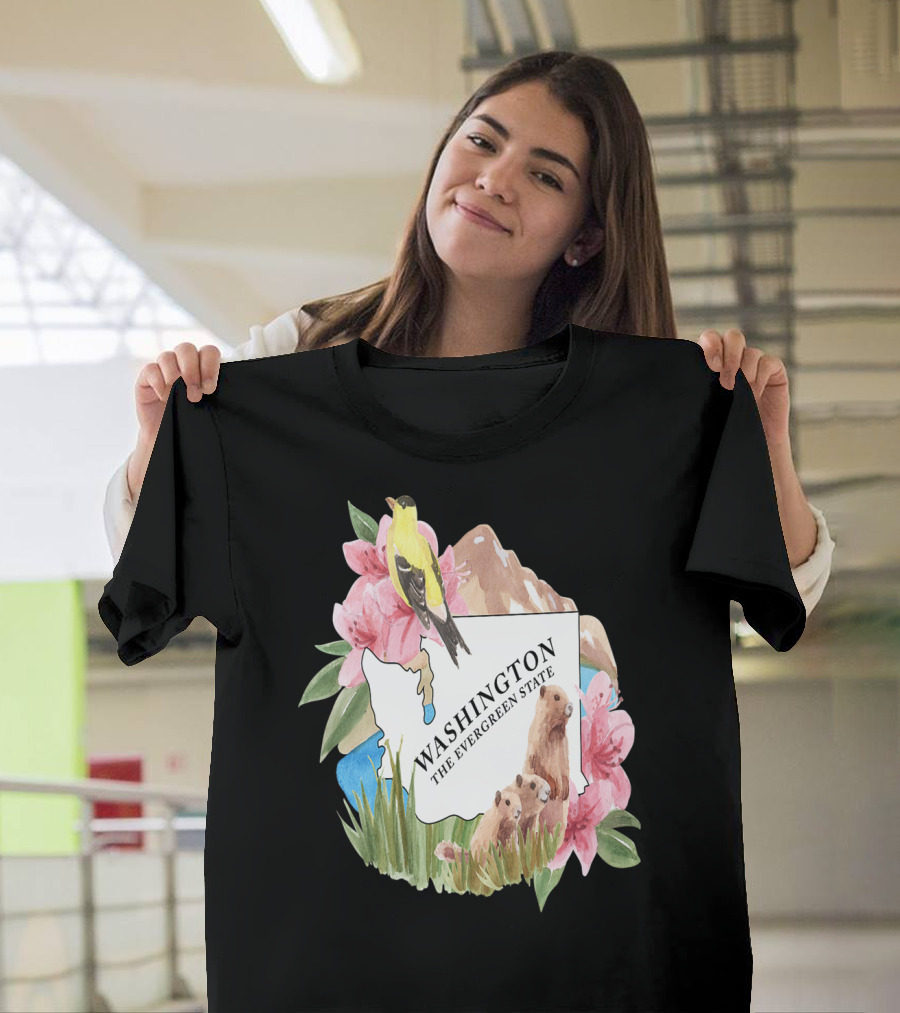 Washington The Evergreen State Map with Wildlife and Flowers T-Shirt