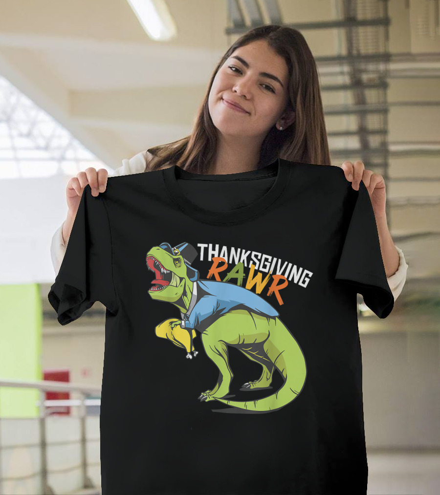 Thanksgiving Rawr Rex Happy Dinosaur Turkey with Pilgrim Hat and Leg T-Shirt