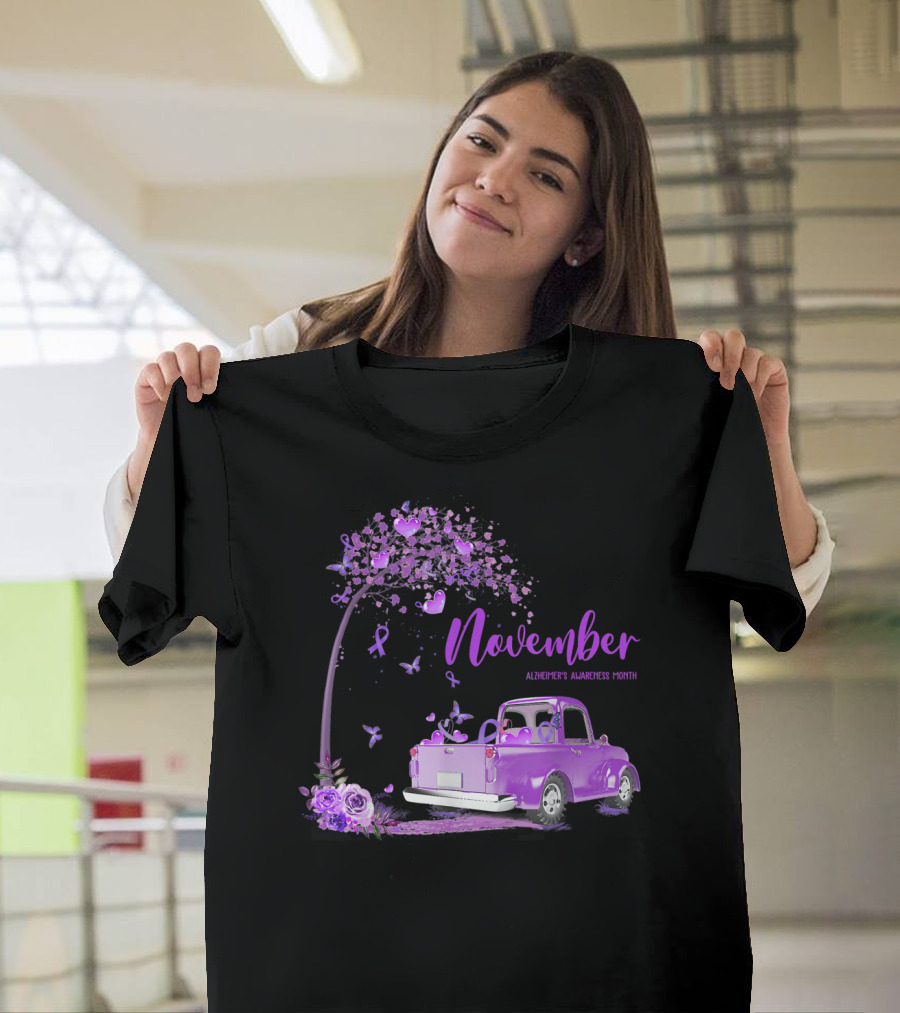 November Alzheimer's Awareness Month Purple Ribbon Truck T-Shirt