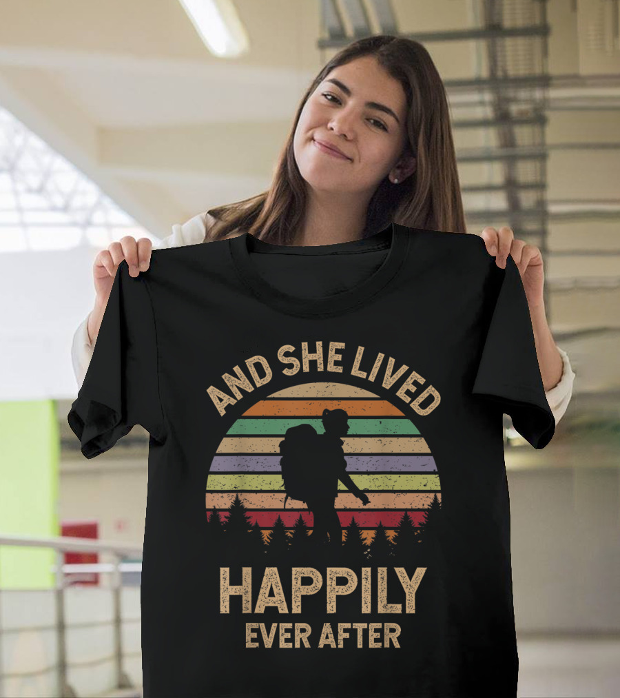 And She Lived Happily Ever After Women's 3L Hiking Silhouette Vintage Sunset Stripes T-Shirt