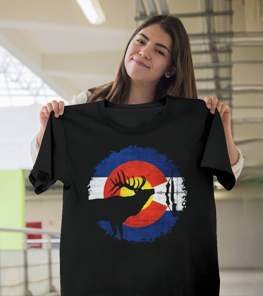 Colorado Elk Hunting with State Flag and Bow T-Shirt