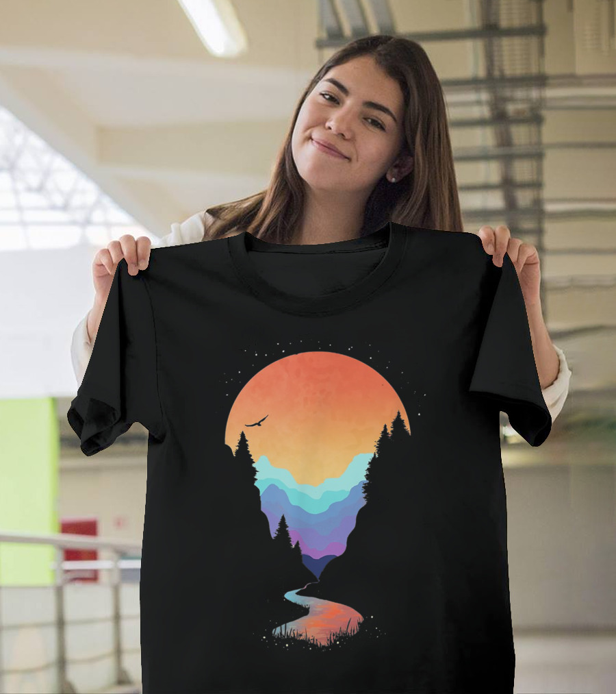 Colorful Sunset Mountains Geometry Outdoor Hiking Scenery T-Shirt