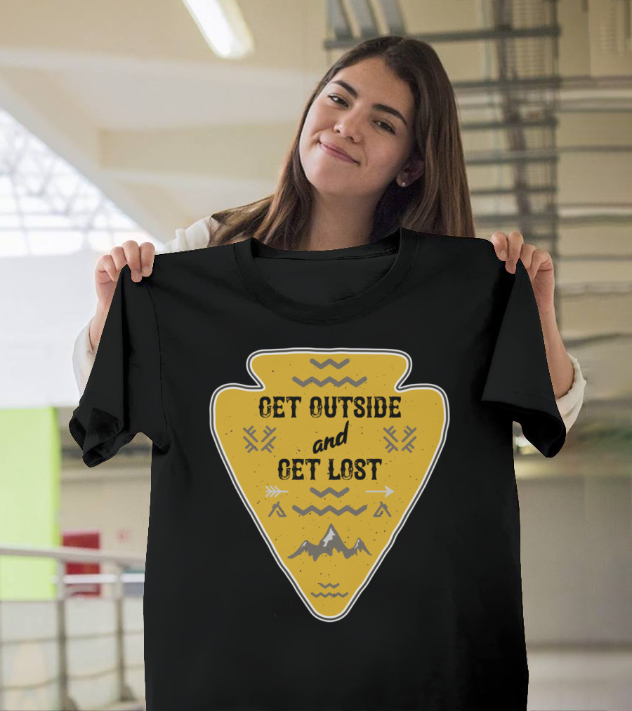 Get Outside and Get Lost Arrowhead Hiking Adventure with Mountain and Arrow Motif T-Shirt
