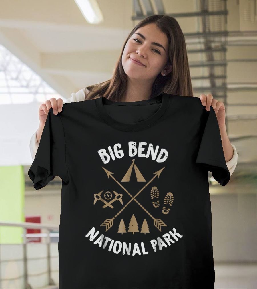 Hike Adventure Big Bend National Park Tent Camping Arrows Footprints Trees T-Shirt