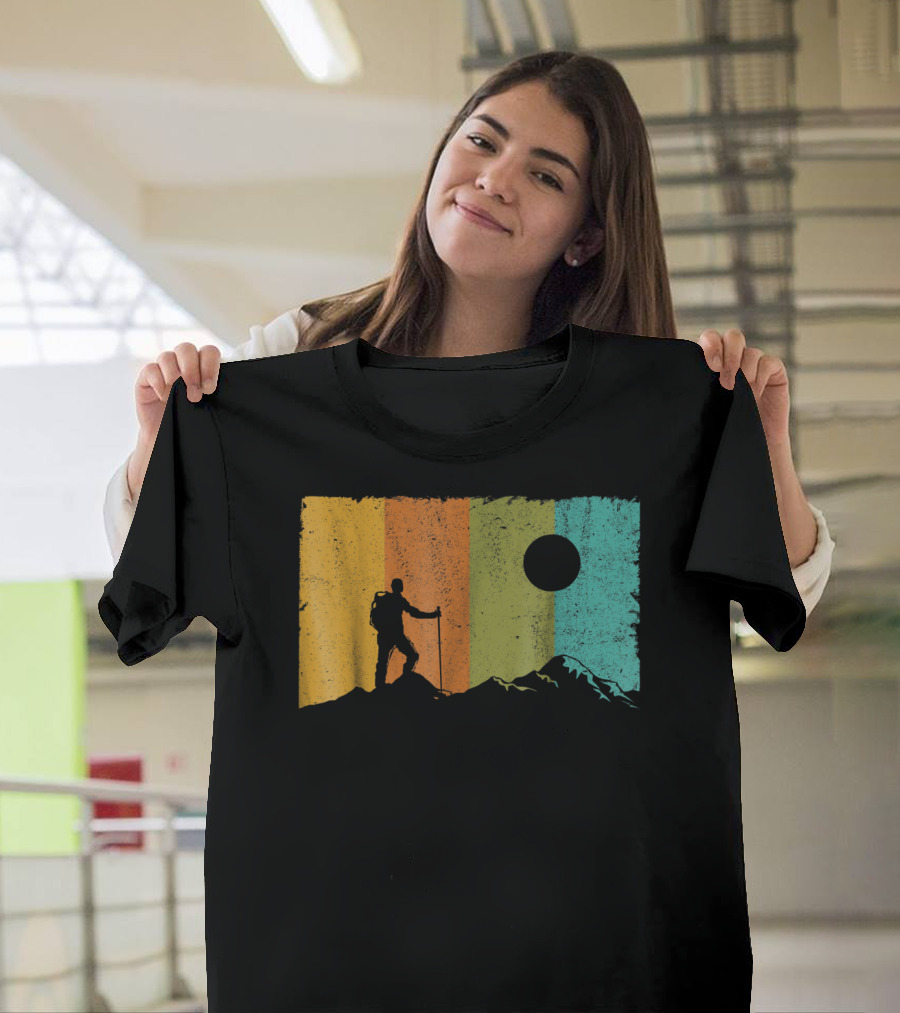 Hiker Hiking Is My Happy Place Adventure Retro Sunset Mountain T-Shirt