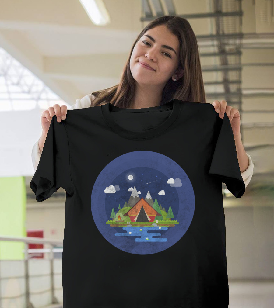 Hiking Mountain Camping Scene Night Sky Forest Lake Simple Trendy T-Shirt