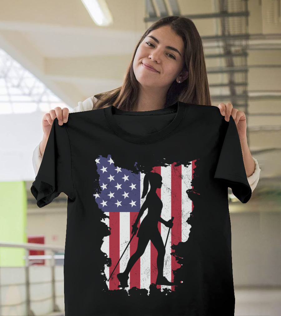 Hiking Nordic Walking USA Flag 4th of July Patriotic Outdoor Adventure T-Shirt