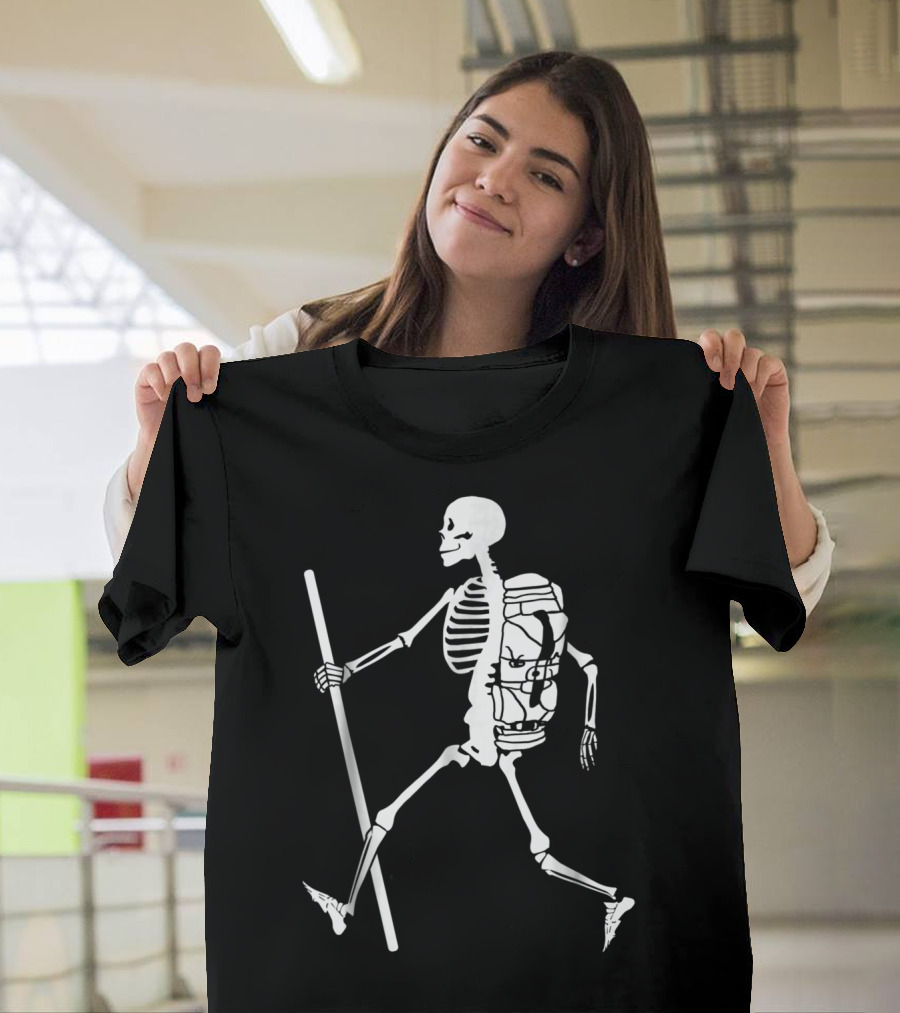 Hiking Skeleton X Ray Skelton Hiker Backpack Walking Stick T-Shirt