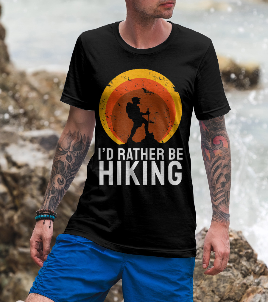 I'd Rather Be Hiking Mountain Hike Nature Retro Sunset T-Shirt