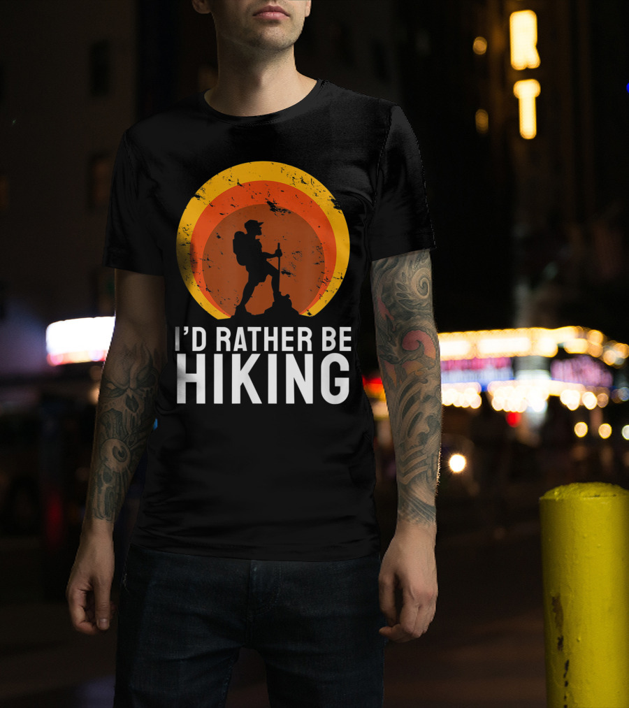 I'd Rather Be Hiking Mountain Hike Nature Retro Sunset T-Shirt