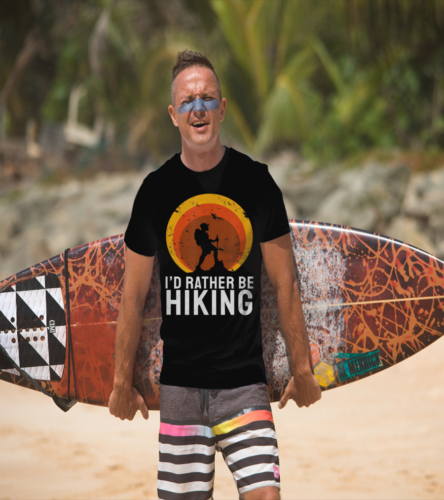 I'd Rather Be Hiking Mountain Hike Nature Retro Sunset T-Shirt