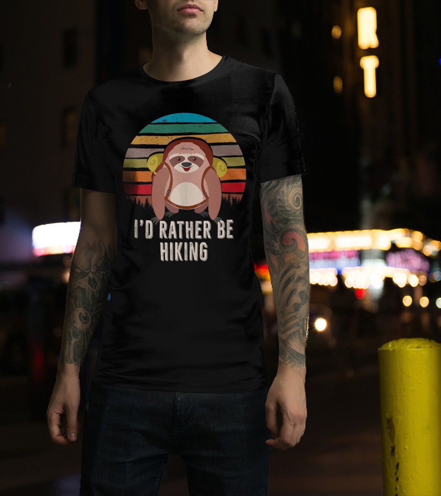 I'd Rather Be Hiking Sloth With Backpack Retro Sunset Stripes T-Shirt