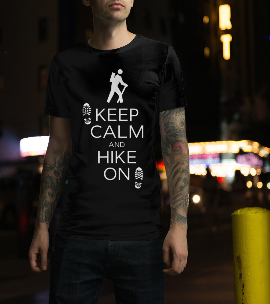 Keep Calm And Hike On Hiking And Backpacking Boot Prints And Stick Figure T-Shirt
