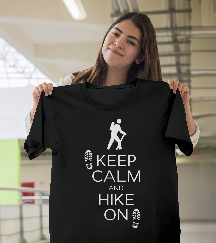 Keep Calm And Hike On Hiking And Backpacking Boot Prints And Stick Figure T-Shirt