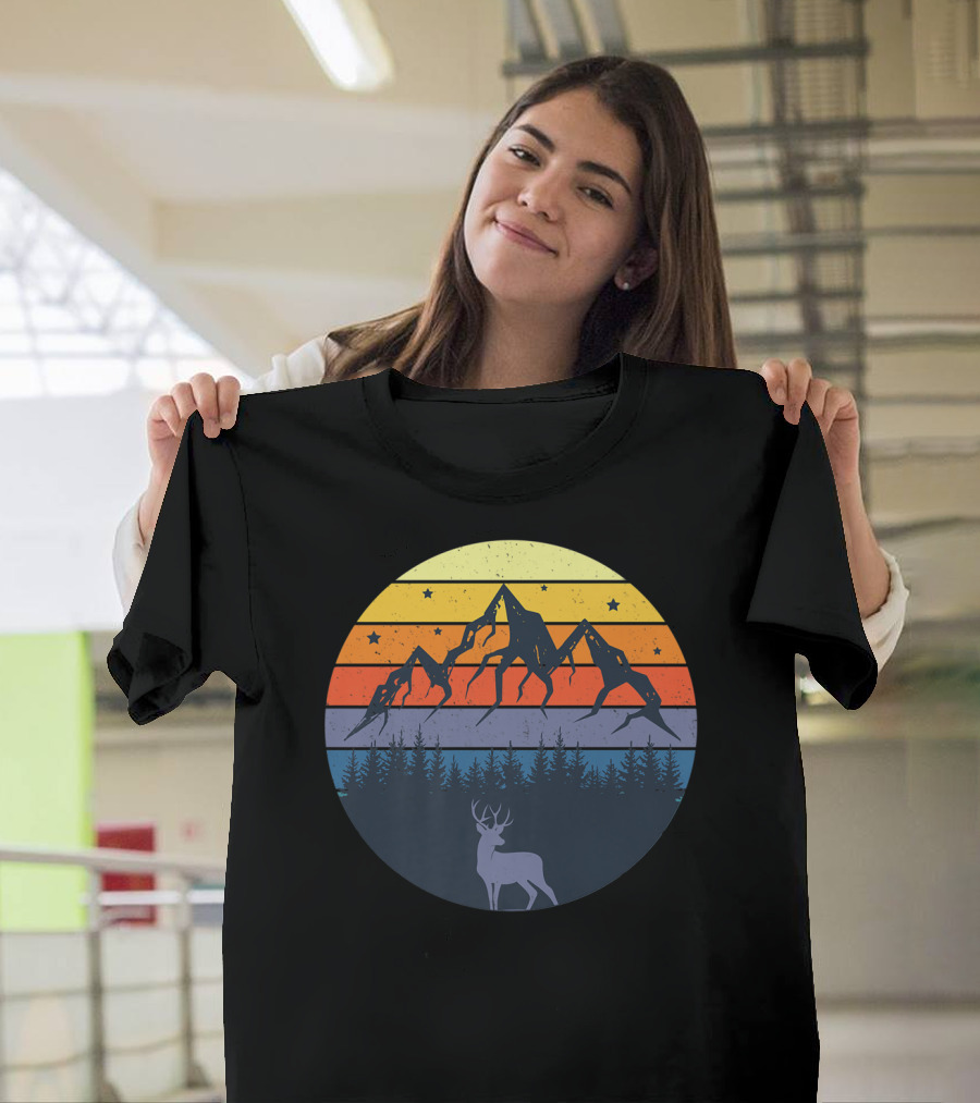 Mountain Sunset Hiking Deer Forest Scene T-Shirt