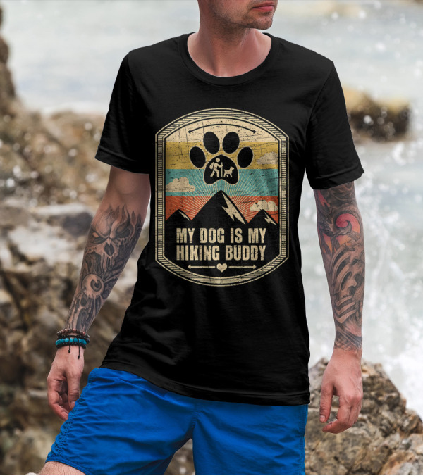 My Dog Is My Hiking Buddy Paw Print Mountain Retro Sunset T-Shirt