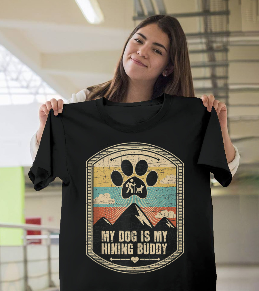 My Dog Is My Hiking Buddy Paw Print Mountain Retro Sunset T-Shirt