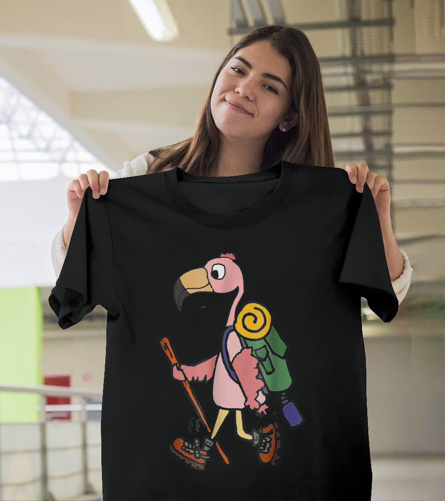Smilenows Cute Pink Flamingo Hiking Enthusiast Character Backpacking Adventure T-Shirt