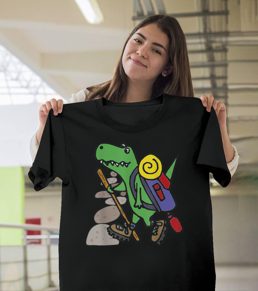Smilessports Funny T-Rex Hiking Cartoon Dinosaur with Backpack and Stick T-Shirt