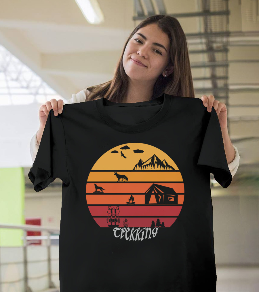 Trekking Hiking Vintage Sun with Mountains Tent Campfire Wolf Backpack Lantern T-Shirt