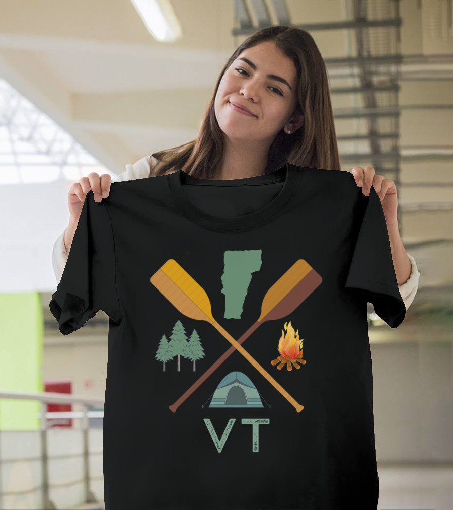 Vermont VT Camping Canoeing Hiking Nature Tent Campfire Paddles Trees T-Shirt