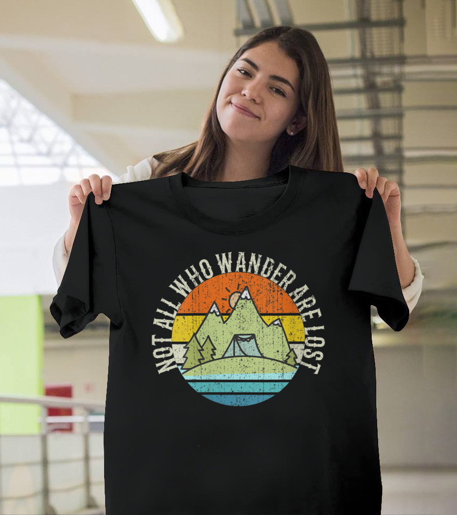 Not All Who Wander Are Lost Mountain Hiking Retro Sunset T-Shirt