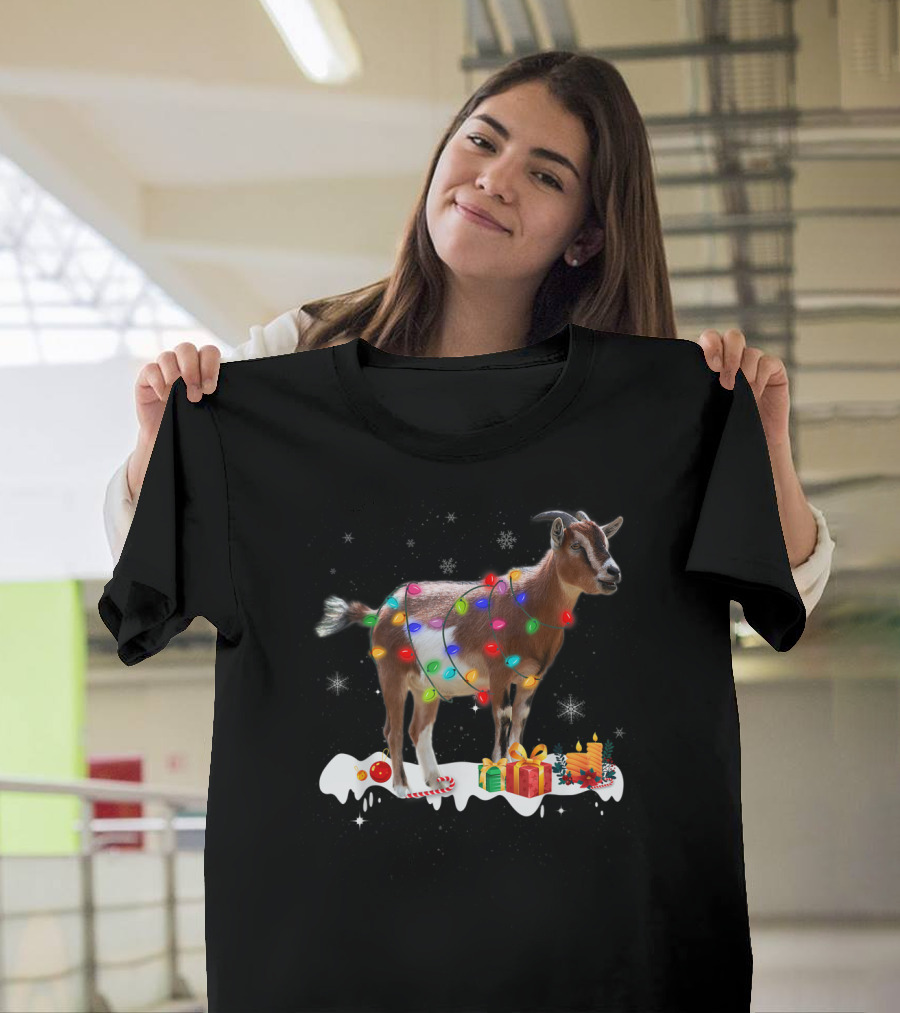Christmas Goat Wrapped in Colorful Holiday Lights Snow Gifts Candles T-Shirt