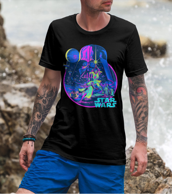 Star Wars Vibrant Neon Vader Luke Leia Retro Scene T-Shirt