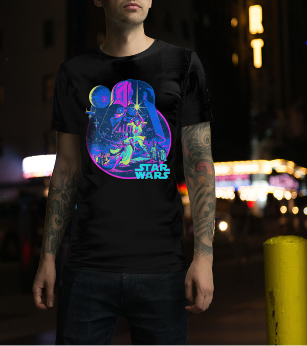 Star Wars Vibrant Neon Vader Luke Leia Retro Scene T-Shirt