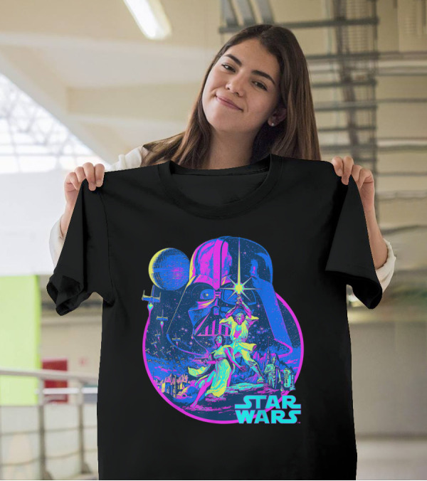 Star Wars Vibrant Neon Vader Luke Leia Retro Scene T-Shirt