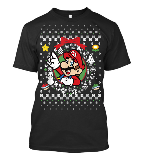 Super Mario Ugly Christmas Sweater Pattern With Classic Characters And Icons T-Shirt