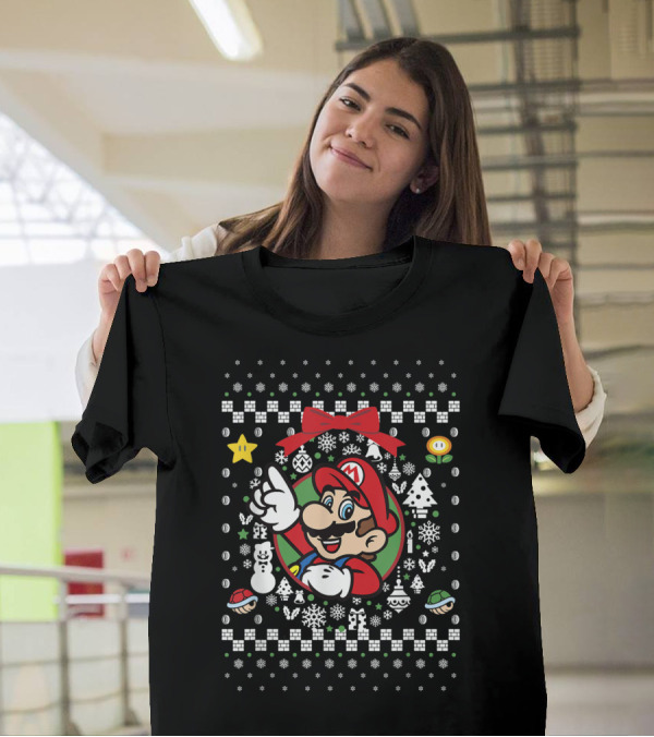 Super Mario Ugly Christmas Sweater Pattern With Classic Characters And Icons T-Shirt
