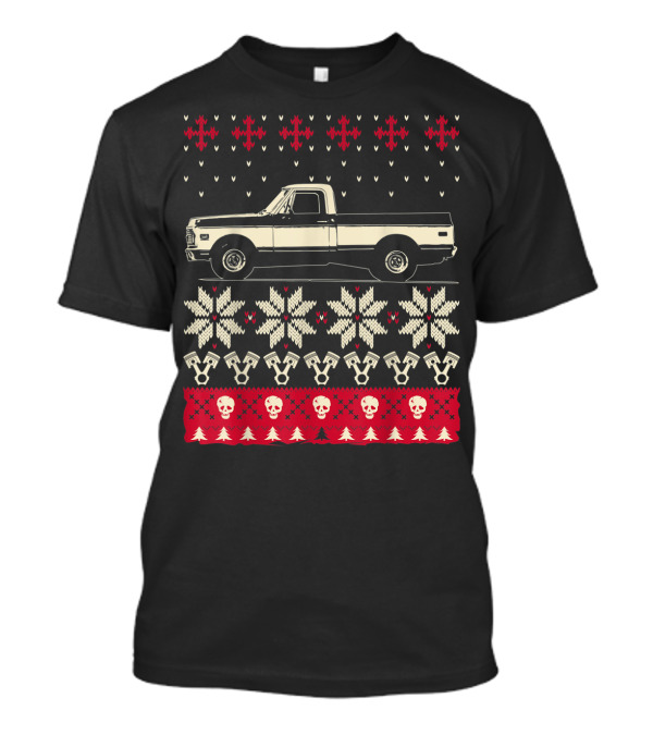 Ugly Christmas Classic American Pickup Vintage Truck Snowflakes Skulls And Trees T-Shirt