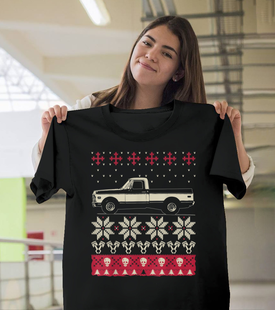Ugly Christmas Classic American Pickup Vintage Truck Snowflakes Skulls and Trees T-Shirt
