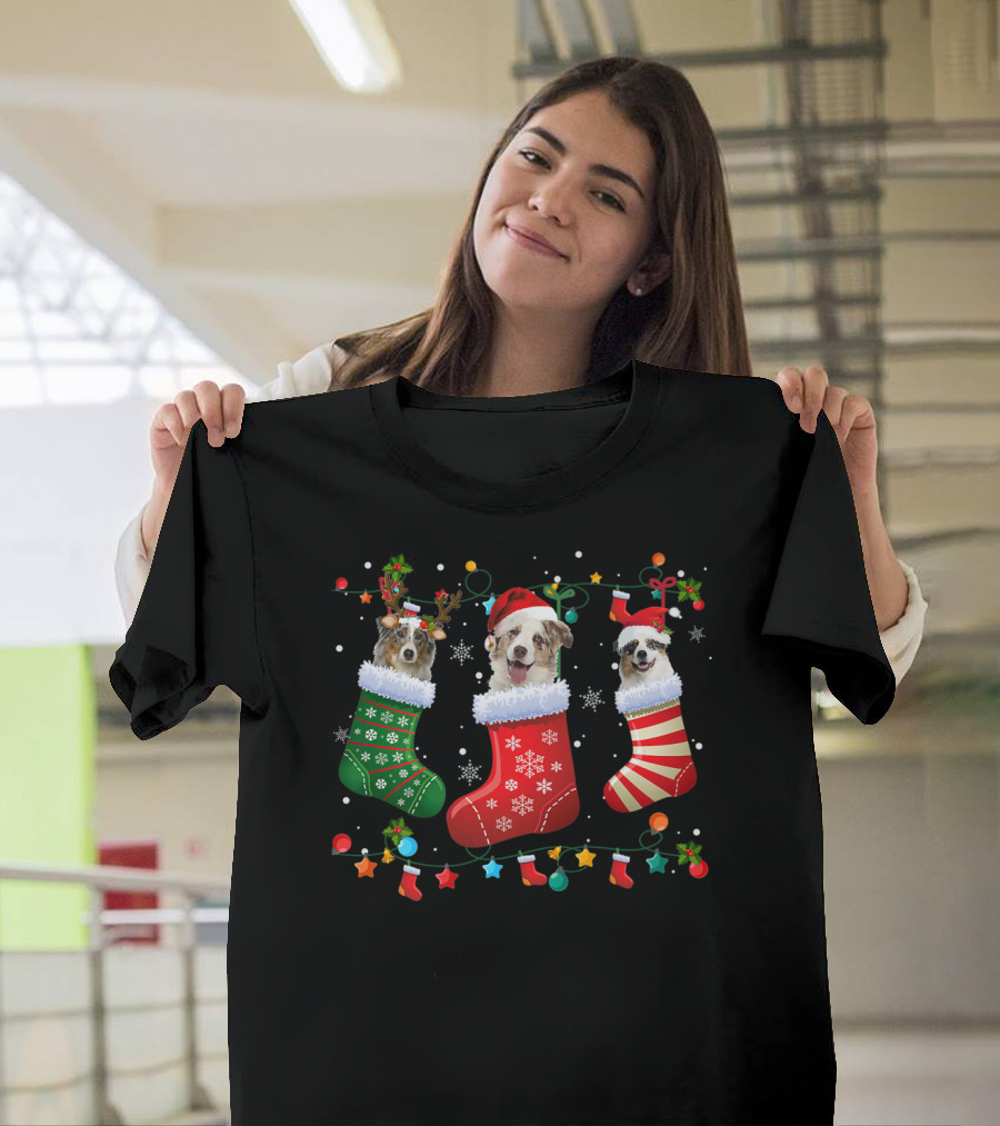 Australian Shepherd Dogs in Christmas Stockings with Santa Hats and Holiday Decorations T-Shirt