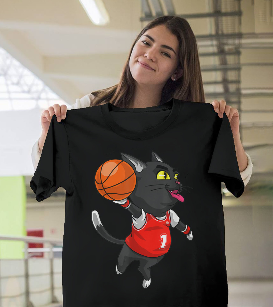 Funny Cat Dunking Basketball in Sports Player Jersey T-Shirt