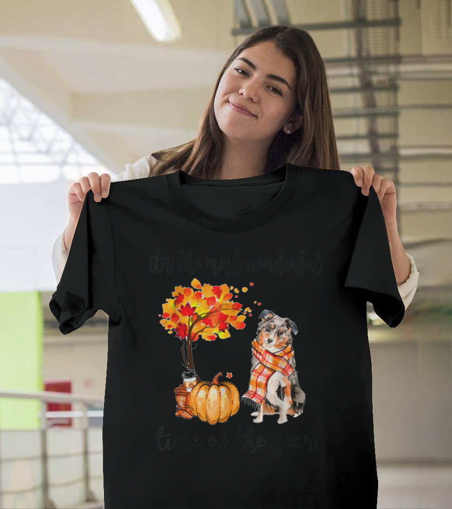 It's the Most Wonderful Time of the Year Aussie Autumn Dog with Leaves and Pumpkin T-Shirt