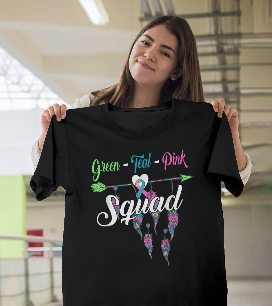 Green Teal Pink Ribbon Arrow Feather Squad Warrior Stage T-Shirt