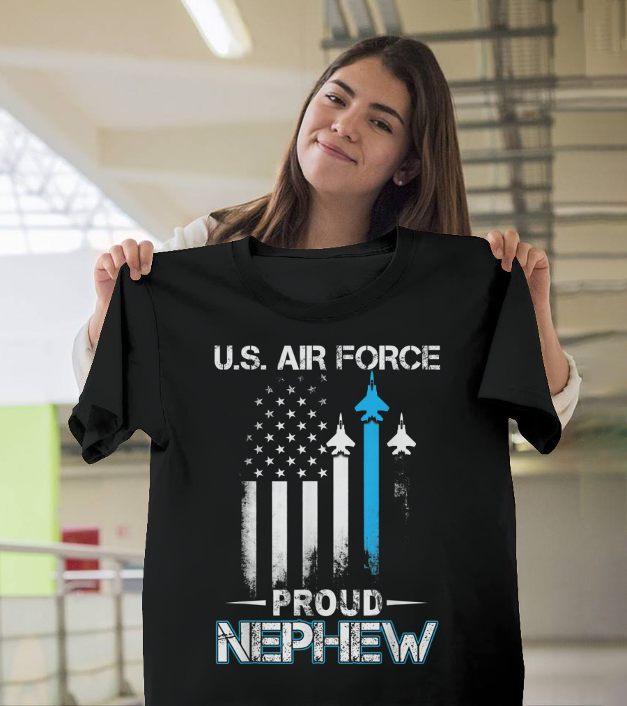 Pride Military Family U.S. Air Force Proud Nephew with American Flag and Jets T-Shirt
