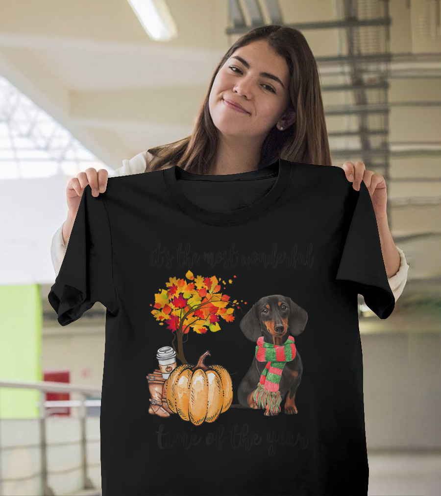 It's the Most Wonderful Time Dachshund Dog Autumn Fall Maple Pumpkin T-Shirt