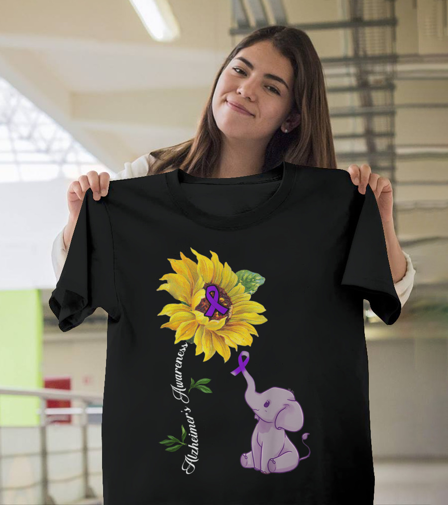 Alzheimer's Awareness Purple Ribbon Sunflower and Elephant T-Shirt